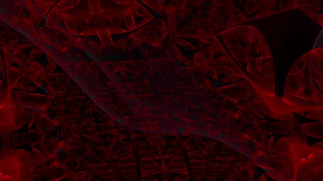 Dynamic red geometric environment featuring layered translucent shapes, glowing contours, dark gradients, and deep spatial perspective forming an immersive futuristic motion backdrop.