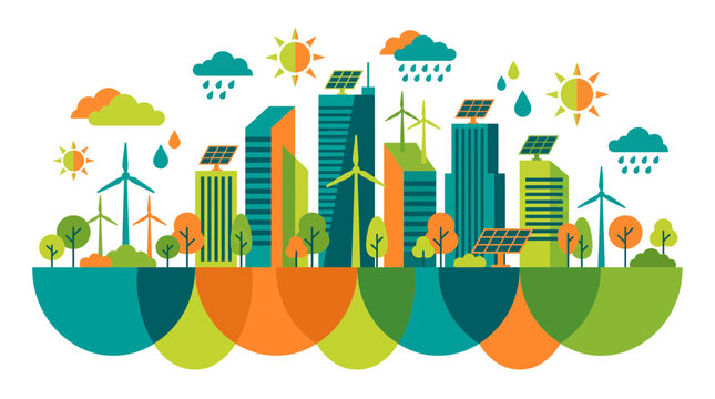 Modern eco friendly city landscape illustration with skyscrapers solar panels and wind turbines on colorful hills, representing sustainable urban development and symbolizing green energy concept