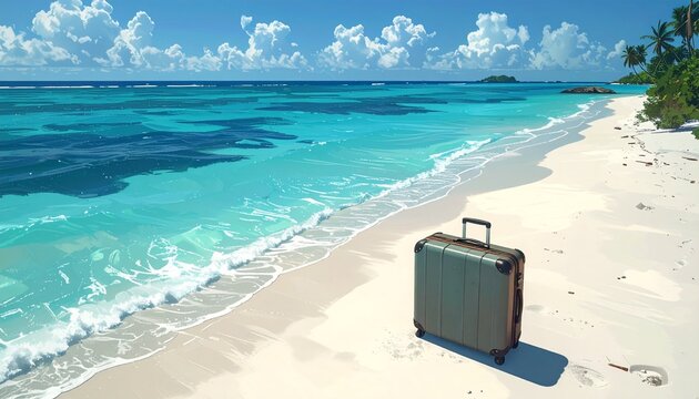 Travel Suitcase Standing on a Tropical Sandy Beach