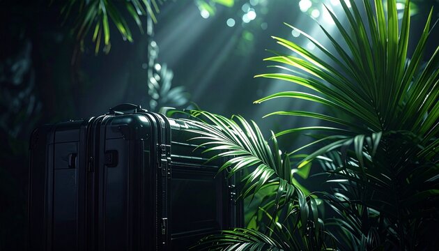 Mysterious Black Hard Shell Briefcase Hidden in Tropical Jungle Foliage