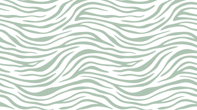 Abstract seamless zebra stripe pattern with sage green wavy lines on a clean white background, illustrating textile design representing organic aesthetic or modern wallpaper decor