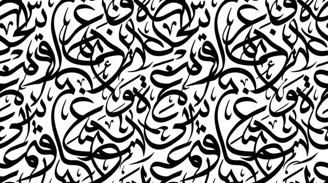 Abstract seamless black Arabic calligraphy pattern with artistic swirling letters on a clean white background, symbolizing cultural heritage and providing elegant ornamental design