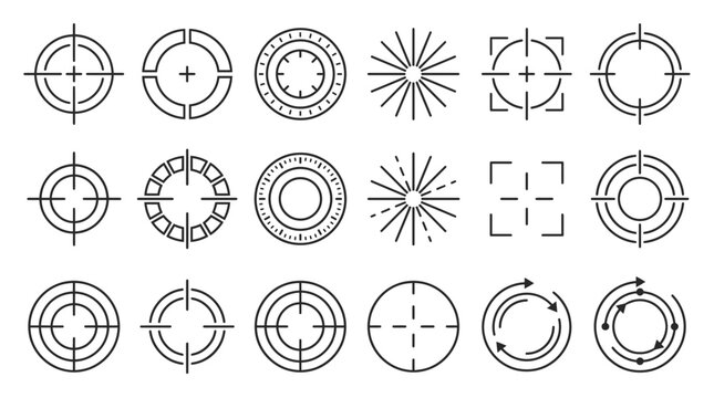 Collection of black thin line crosshair and target focal point icons on white background, symbolizing technical precision tracking and representing military weapon game interface design