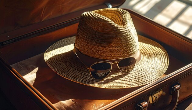 Vintage Suitcase Packed With Straw Hat and Sunglasses for Summer Travel