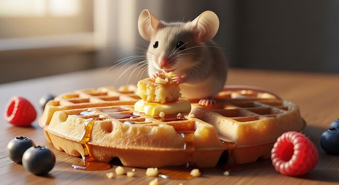 Tiny mouse enjoys a bite of a sweet, syrupy waffle topped with butter and berries