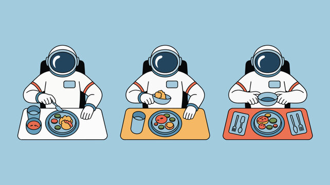 astronauts eating vector illustration space food cartoon space suit meal table tray utensils blue background science fiction exploration future technology cosmonaut spaceman astronomy dinner