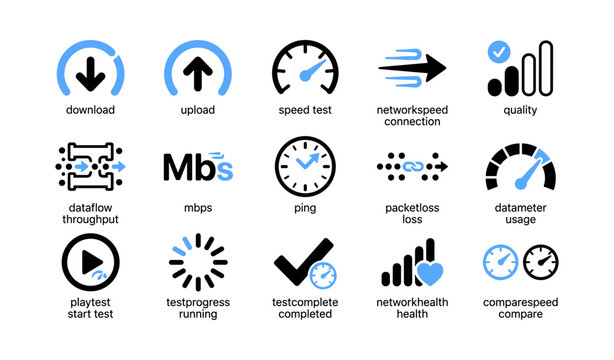 Network and speed testing icons arranged on white background