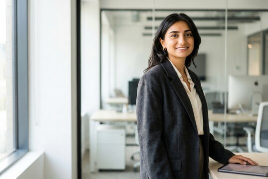 Smiling indian businesswoman dressed in formal wear standing in a contemporary office