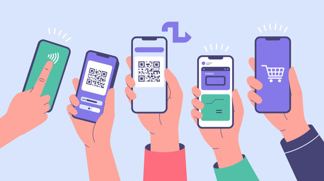 mobile payment methods vector illustration smartphone code nfc cart wallet transaction flat design icon finance ecommerce digital money transfer online shopping