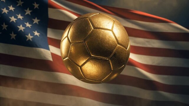 Dynamic cinematic soccer ball with American flag design, glowing with patriotic colors, anticipating the excitement of WORLD CUP 2026, USA, under stadium lights