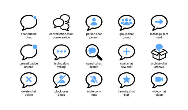 Communication and chat interface icons on white background