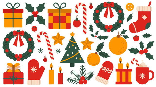 christmas icons flat illustration gift present wreath holly candy cane stocking mitten ornament tree star candle orange pattern design holiday seasonal