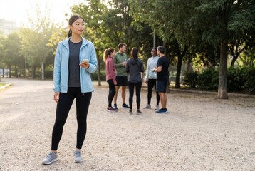 Obraz premium Asian woman standing with smartphone while friends talk in park, preparing for exercise