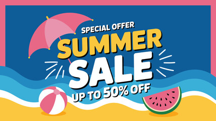 summer sale banner with beach ball watermelon and umbrella special offer discount vacation holiday promotion vector illustration colorful background blue pink © Peradox