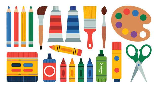 art supplies vector illustration pencils crayons paintbrushes palette scissors glue markers drawing crafting education school creative tools stationery colorful flat design