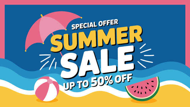 summer sale banner with beach ball watermelon and umbrella special offer discount vacation holiday promotion vector illustration colorful background blue pink