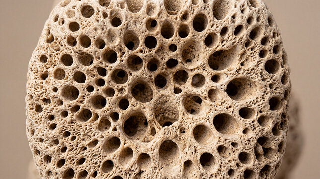 Macro close‑up of porous whale bone fossil surface on solid beige background