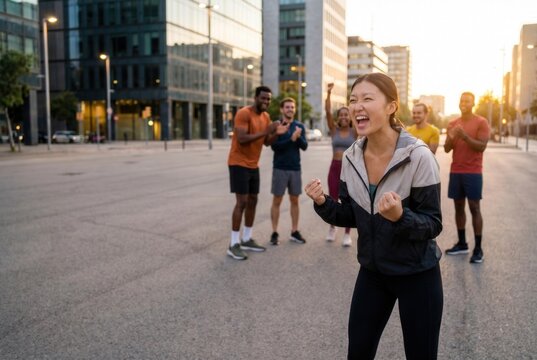 Diverse group of friends celebrating achievement after finishing a workout in the city