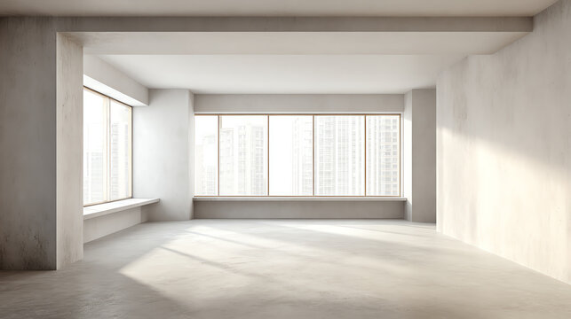 A spacious empty interior featuring large windows that allow natural light to fill the room, ideal for modern design inspiration.