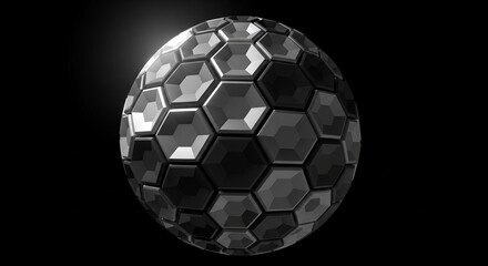 Fototapeta premium Abstract sphere of metallic hexagonal tiles on black background with light highlights. Modern geometric design, 3D rendering.