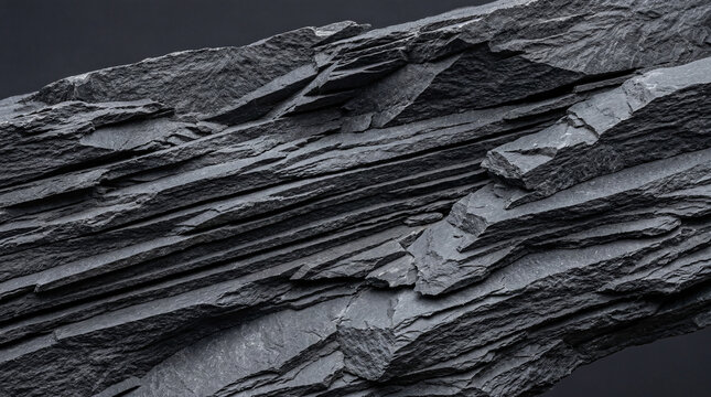 Extreme macro of broken slate stone surface with jagged layers on solid charcoal background