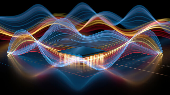 Energy aware computing poster abstract processor chip surrounded by colorful waveform energy flow, glowing data visualization and reflective
