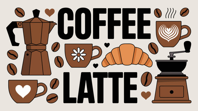 coffee latte illustration with mugs croissants beans vector art beverage breakfast morning cafe drink food pattern design graphic brown black white