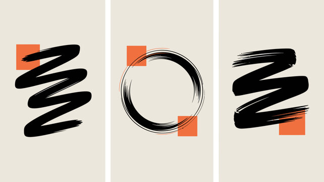 abstract brush strokes on beige background circle square orange black artwork minimalist design graphic pattern modern simple composition visual element decoration