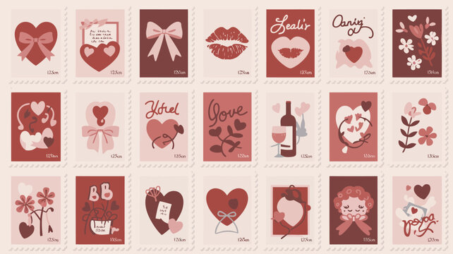 valentine s day stamp collection vector valentines hearts bows kisses wine flowers love romance affection sentimental illustration graphic design pattern printable