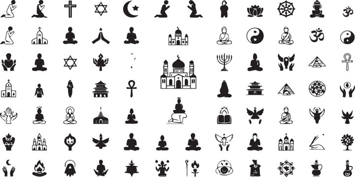 Religious Symbol Collection: A compilation of diverse religious icons and symbols representing various faith traditions from around the world, including Christianity, Judaism, Islam, Buddhism.