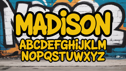 graffiti style alphabet on urban wall letters street art yellow black outline font text artistic modern vibrant culture cityscape background scenic © Peradox