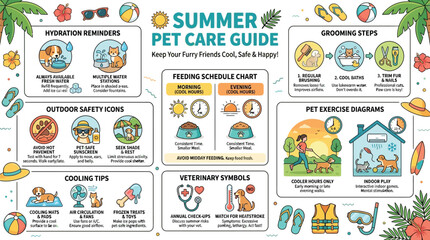 Naklejka premium Pet care guide provides essential summer safety tips and schedules for maintaining the health of dogs and cats.