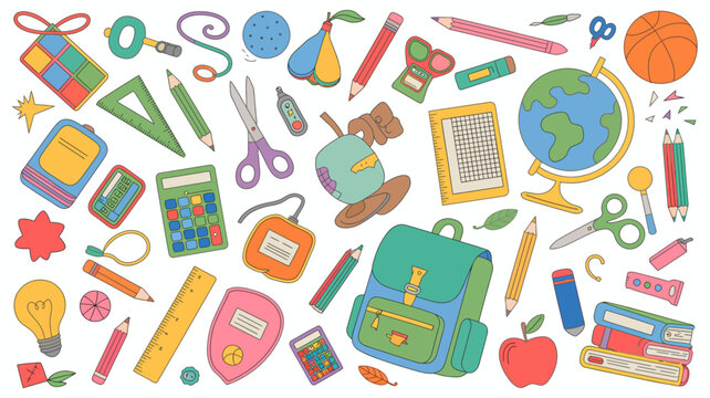 school supplies colorful illustration backpack pencil ruler calculator scissors eraser notebook globe apple pen stationery education learning classroom childhood knowledge academic
