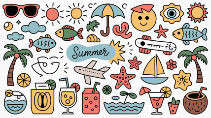 summer themed scrapbook doodles colorful vector sunglasses umbrella palm tree fish cocktail beach vacation travel holiday pattern illustration background white seasonal © Peradox