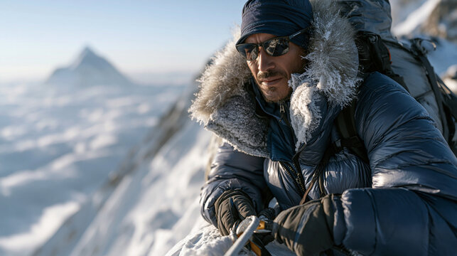 Himalayan expedition climber clipping a jumar onto a fixed rope above a sea of clouds at high altitude, down suit frosted at collar, distant summit pyramid visible, mountaineering high camp ascent e