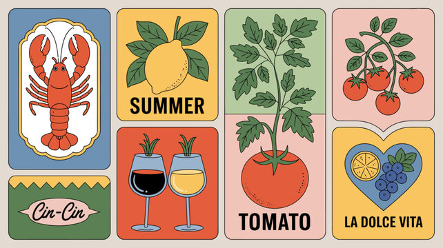 illustrated cards with food and drink lobster lemon tomato wine glasses grapes summer cin dolce vita vector flat design colorful graphic