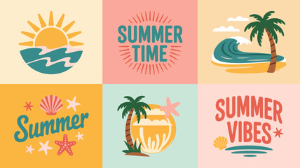 summer themed illustrations vector sun beach palm tree sea waves shell starfish drink text seasonal holiday vacation travel tropical colorful graphic © Peradox