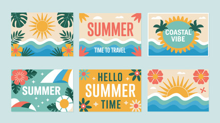 summer themed vector illustrations travel coastal vibe beach sun waves palm leaves flowers holiday seasonal design graphic art pattern background scenic © Peradox