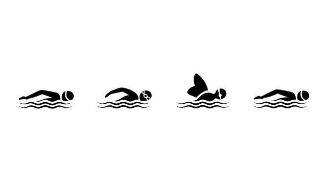 swimming strokes silhouettes on white background swimmer freestyle backstroke butterfly breaststroke black icon graphic fitness sport activity water motion athletic training