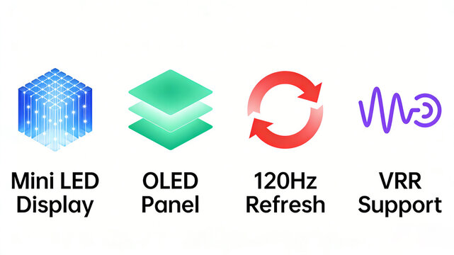 Mini LED dot matrix, OLED panel, 120Hz cycle and VRR waveform represent high-end display technology, suitable for smart TVs and gaming display products.
