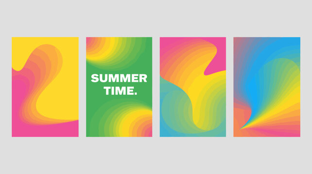 four vibrant gradient posters with summer theme colorful graphic design abstract shapes pattern background artwork modern trendy seasonal holiday travel festival
