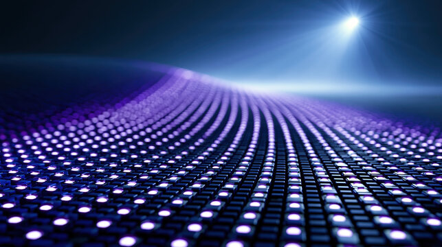 Glowing LED array wave purple blue light spotlight futuristic semiconductor panel pattern digital circuit