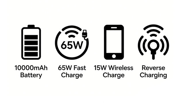 10000mAh battery, 65W fast charging, 15W wireless and reverse charging icon, representing all-around charging capability, suitable for mobile power banks and portable power bank products.
