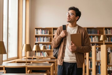 Fototapeta premium Student with backpack walking through an academic library, looking away, holding a notebook