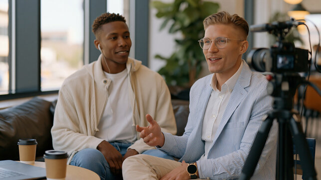 Social proof strategist conducting a video interview with a satisfied small business client in a bright professional office, a camera mounted on a tripod capturing authentic testimonial footage as t