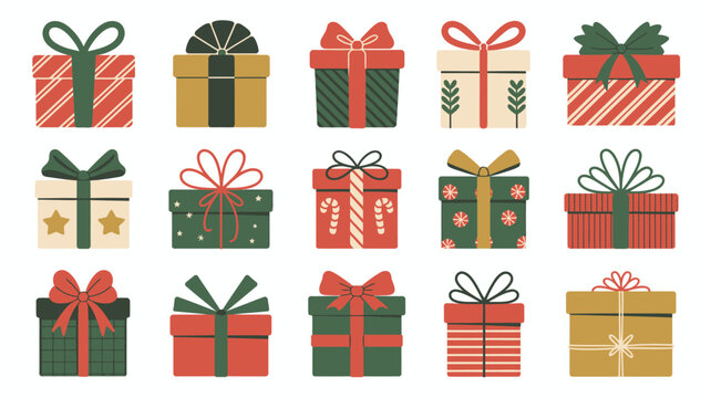 gift boxes vector illustration present holiday christmas graphic design pattern bow ribbon wrapping paper stripes stars candy cane seasonal celebration festival