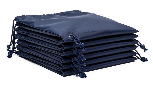 Stack of navy blue drawstring bags on white background