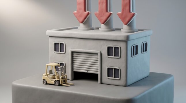 3D Clay Render of Warehouse with Forklift and Downward Arrows Representing Supply Chain Decline, Import Drop, or Logistics Business Downturn Concept