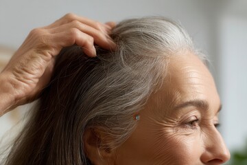 Naklejka premium Woman touching her gray hair, feeling scalp and examining its condition