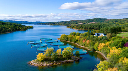 Fototapeta premium Aerial drone photograph of a serene open water landscape featuring floating fish farms surrounded by lush greenery and rolling hills under a clear blue sky